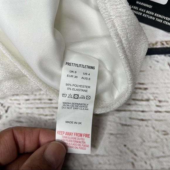NWT PrettyLittleThing White Textured GLitter Spaguetty Strap Crop Top Size 4 - Picture 4 of 8